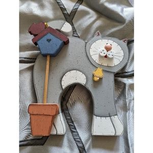 Handmade Standing Wood Gray Cat Home or Garden Decorative Art Piece
